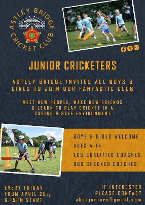 A poster advertising the weekly Junior training sessions every Friday as Astley Bridge Cricket Club.