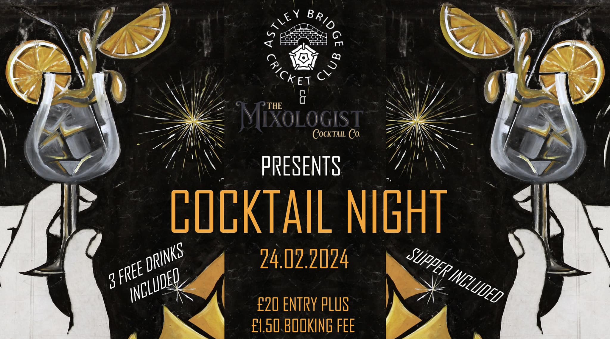 A poster advertising a Cocktail Night at Astley Bridge Cricket Club on 24/02/24.