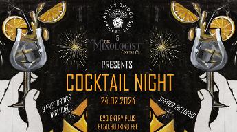 A poster advertising a Cocktail Night at Astley Bridge Cricket Club on 16/12/23.