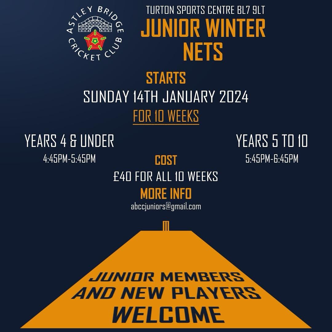 Poster Advertising INDOOR Junior Winter Nets for 10 weeks with Astley Bridge Cricket Club