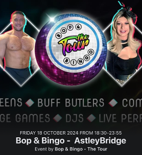 A poster advertising Bop & Bingo event at Astley Bridge Cricket Clun on 18th October.